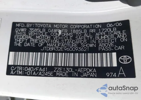 2006 Toyota Corolla Ce from USA, damaged, VIN JTDBR32E960093621